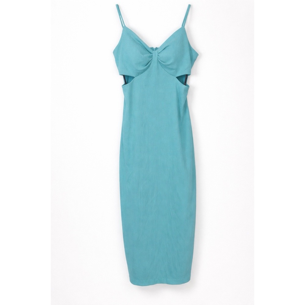 Guess Aqua Blue Bodycon Midi Dress Side Cutout Textured Knit Size 12 Sexy